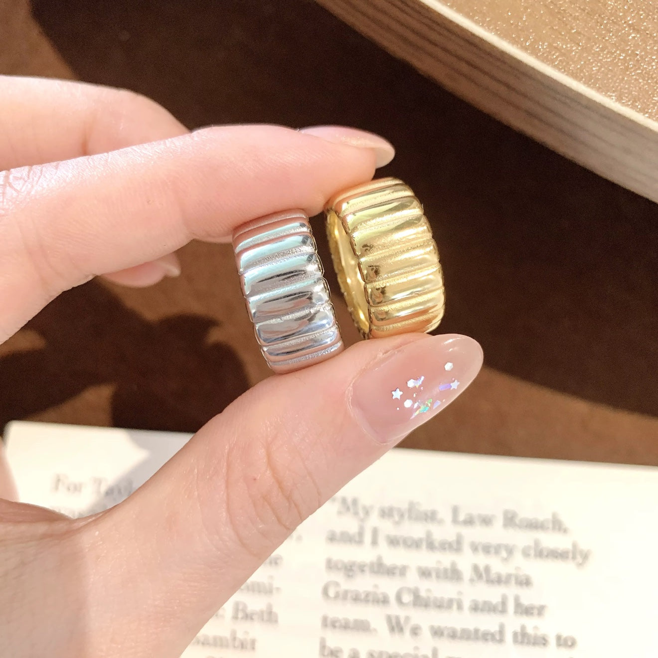 Ribbed Dome Band Ring on fingers
