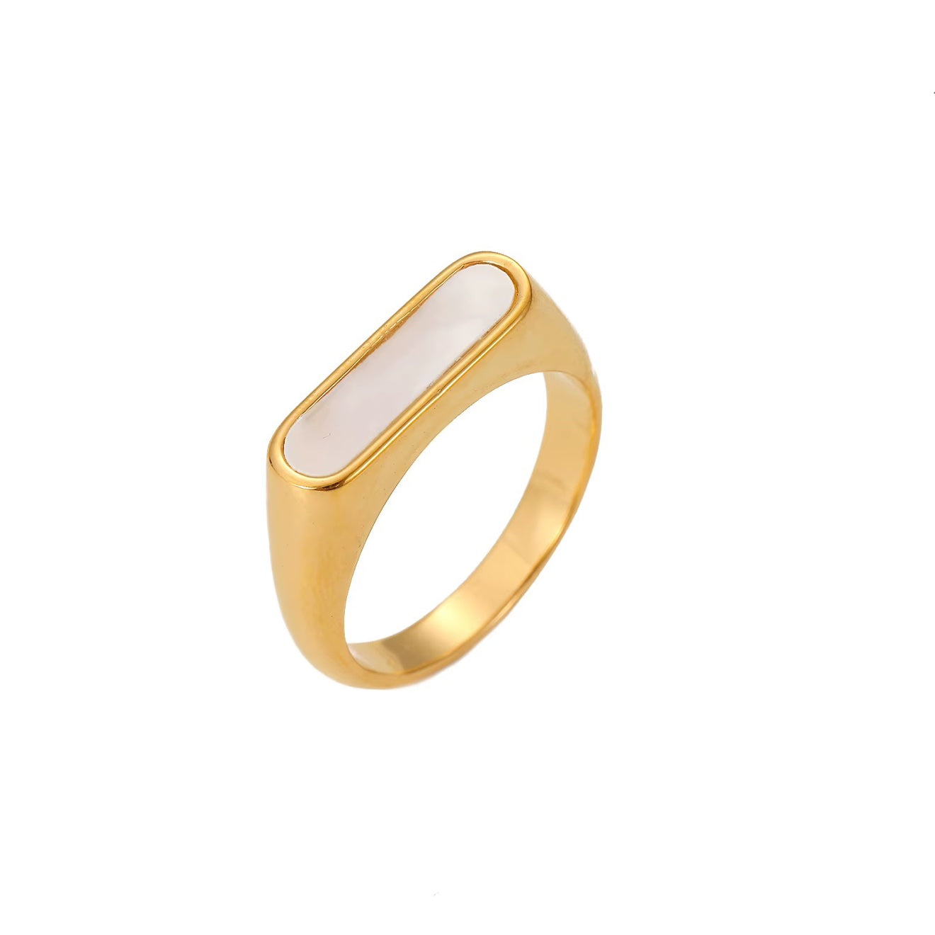 Shell and Onyx Bar Signet Ring in gold with white shell inlay