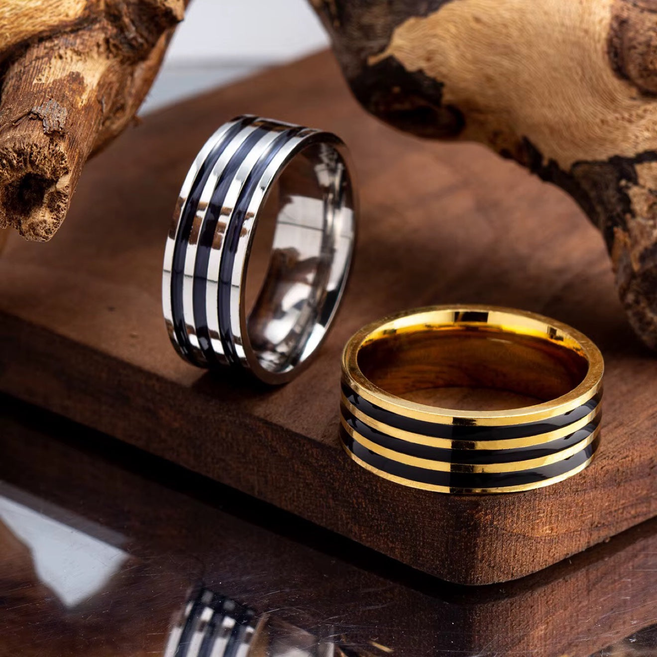 Black Enamel Lines Band Ring gold and silver pair