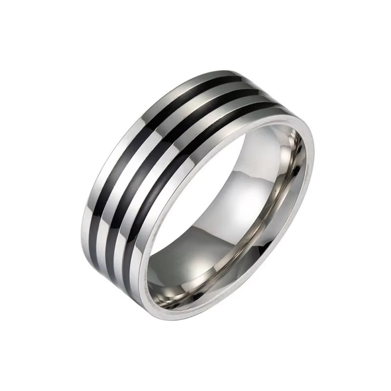 Black Enamel Lines Band Ring in silver