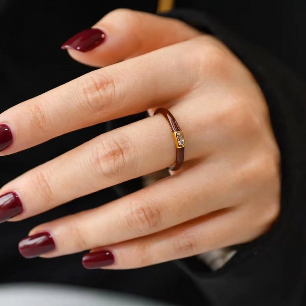 Burgundy Enamel Ring on hand